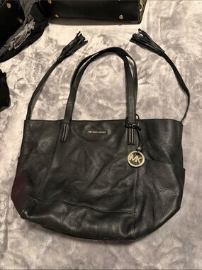 Michael Kors Black Pebbled Leather Tote with Gold MK Charm